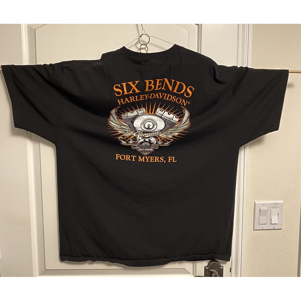 SIX BENDS Harley Davidson Fort Myers Fl.2 sided black t shirt 2XL short sleeves